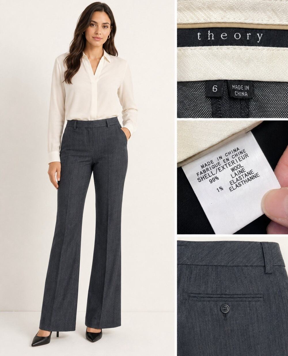 Old Money Classic Theory Women's Flare Trouser Pants Size 6 Charcoal Gray Wool
